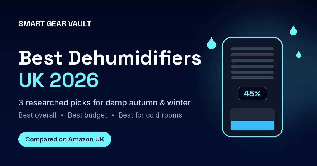 Smart Gear Vault graphic: best dehumidifiers UK 2026, with an illustrated dehumidifier showing 45% humidity