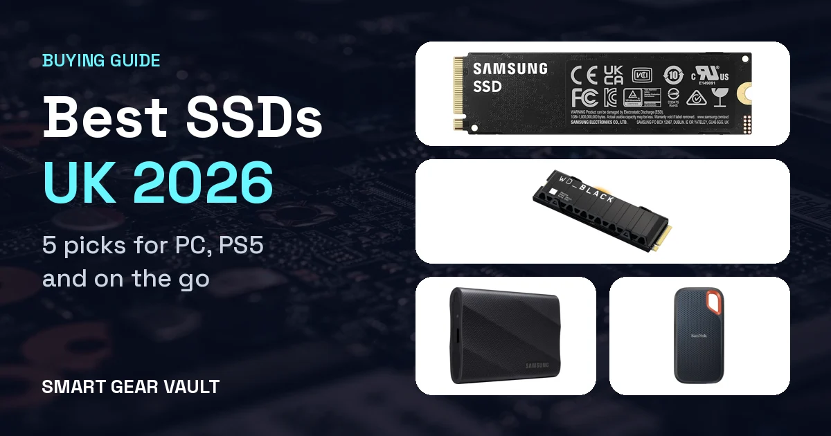Smart Gear Vault graphic: best SSDs UK 2026, showing internal NVMe and portable SSDs