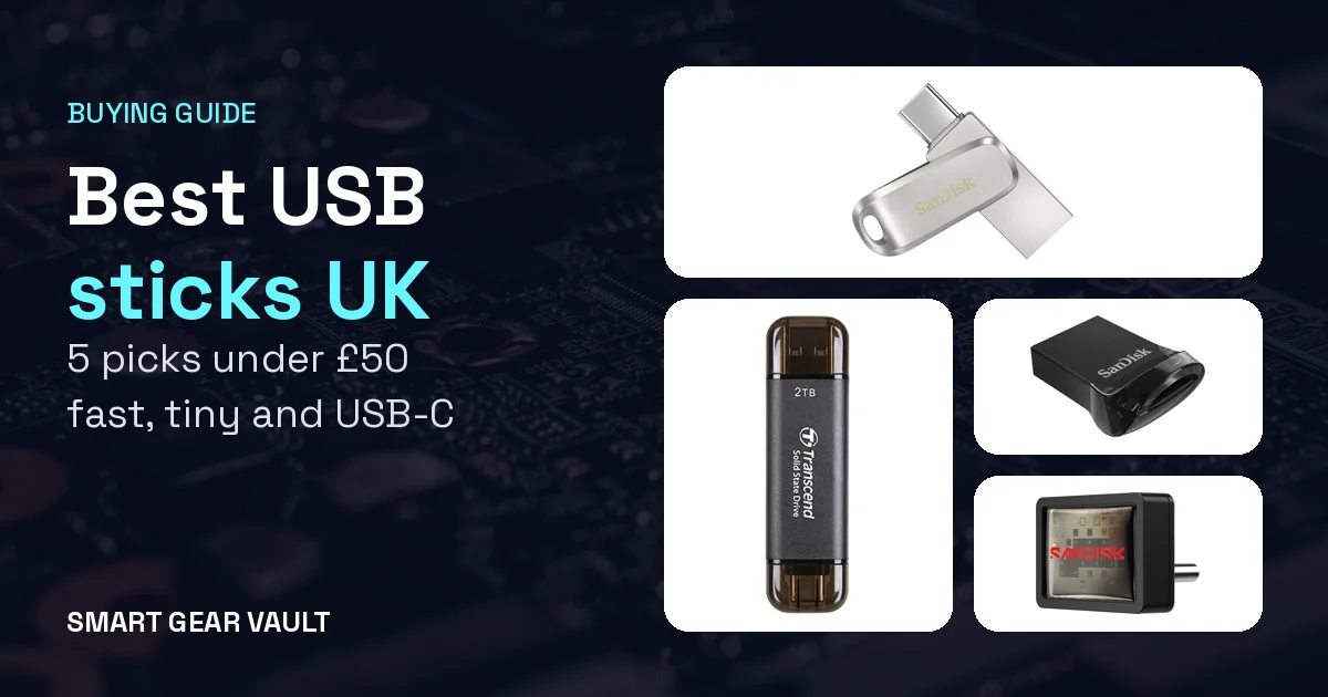 Smart Gear Vault graphic: best USB flash drives UK 2026 under £50, showing SanDisk and Transcend memory sticks