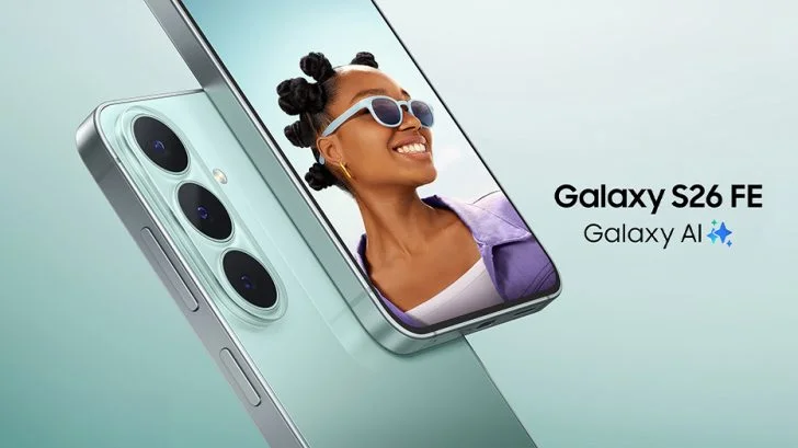 Samsung Galaxy S26 FE in mint green, rear camera and screen view, Samsung launch graphic
