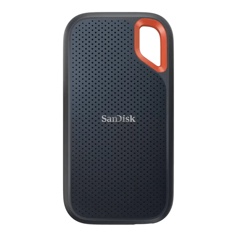 SanDisk Extreme Portable SSD in grey with orange carabiner loop