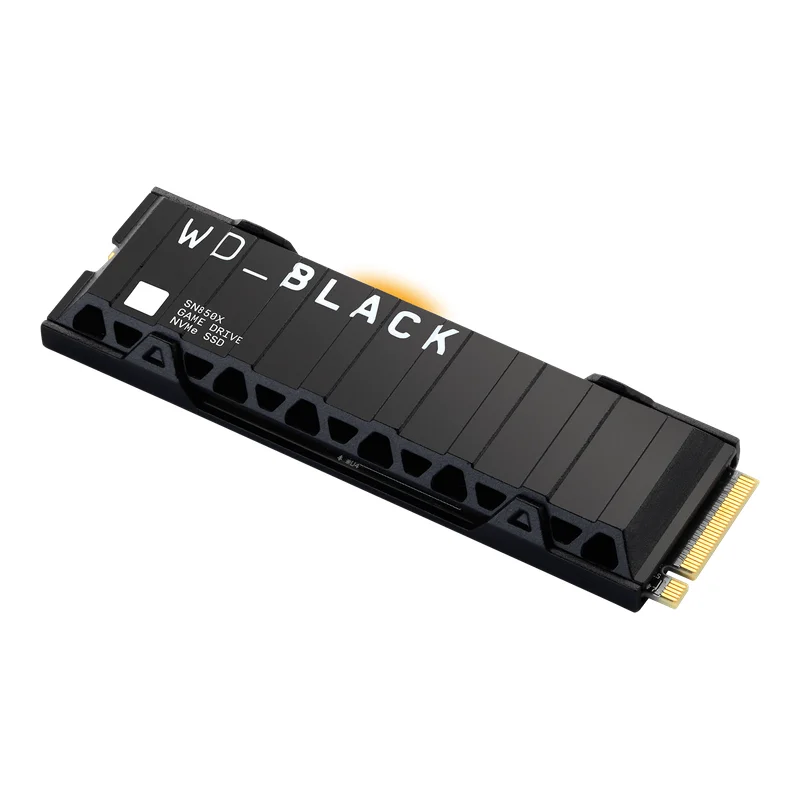 WD_Black SN850X NVMe SSD with black finned heatsink, angled view
