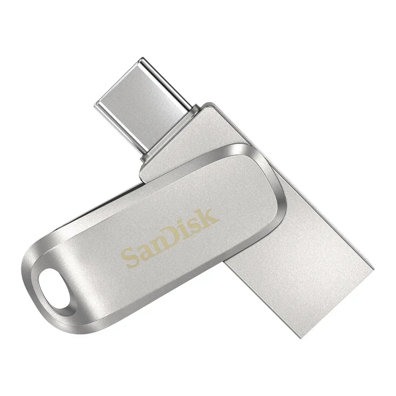 SanDisk Ultra Dual Drive Luxe, silver metal swivel flash drive with USB-C plug