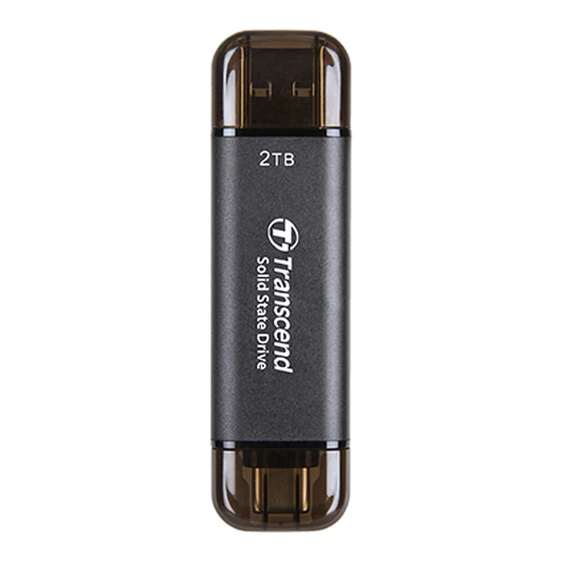 Transcend ESD310C black stick-shaped portable SSD with USB-A and USB-C ends (2TB model shown)